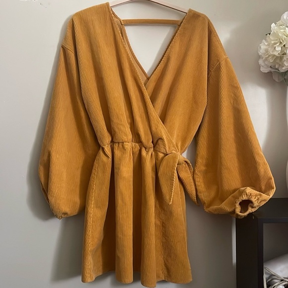 ASOS DESIGN cord wrap smock mini dress in marigold - Picture 14 of 15